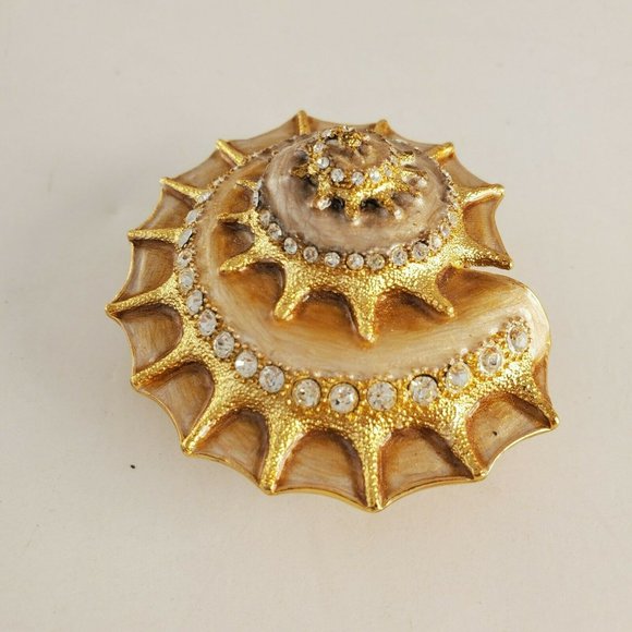 Bejeweled Enamel Inlay Sea Shell Hinged Trinket Box Rhinestones Gold - Picture 4 of 10